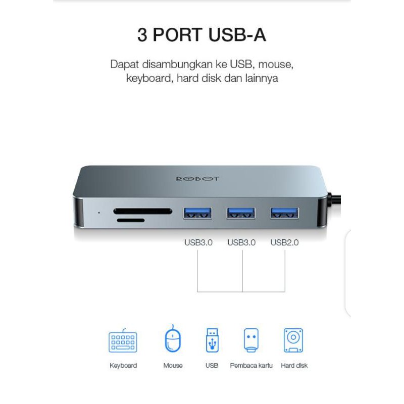 USB HUB TYPE-C ROBOT HT 380 MULTIPORT 8 IN 1 LIGHTWEIGHT