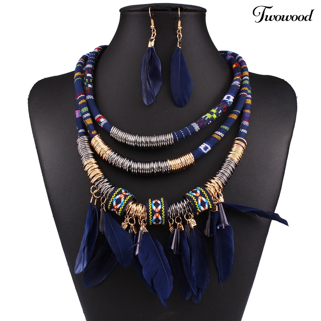 2pcs / Set Kalung Anting Rumbai Bulu Multilayer Bahan Alloy Gaya Bohemian Etnik Untuk Aksesoris Perhiasan