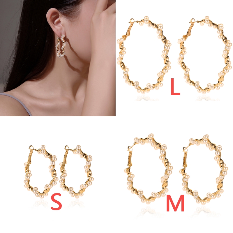 Logam Geometris Lingkaran Besar Anting Mutiara, Anting Temperamen Perempuan