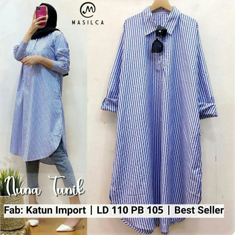 Nuna Tunik warna blue biru long tunic cewek bahan Katun import fit to XXL kancing busui LD110 motif 