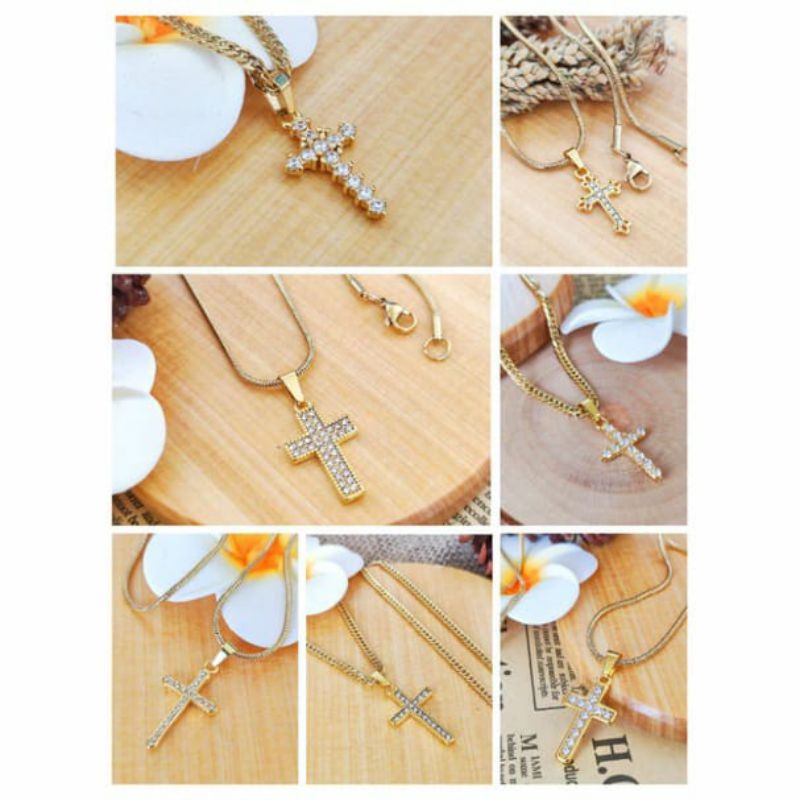 kalung Salib Permata Emas Antikarat Titanium Import Bermacam Salib