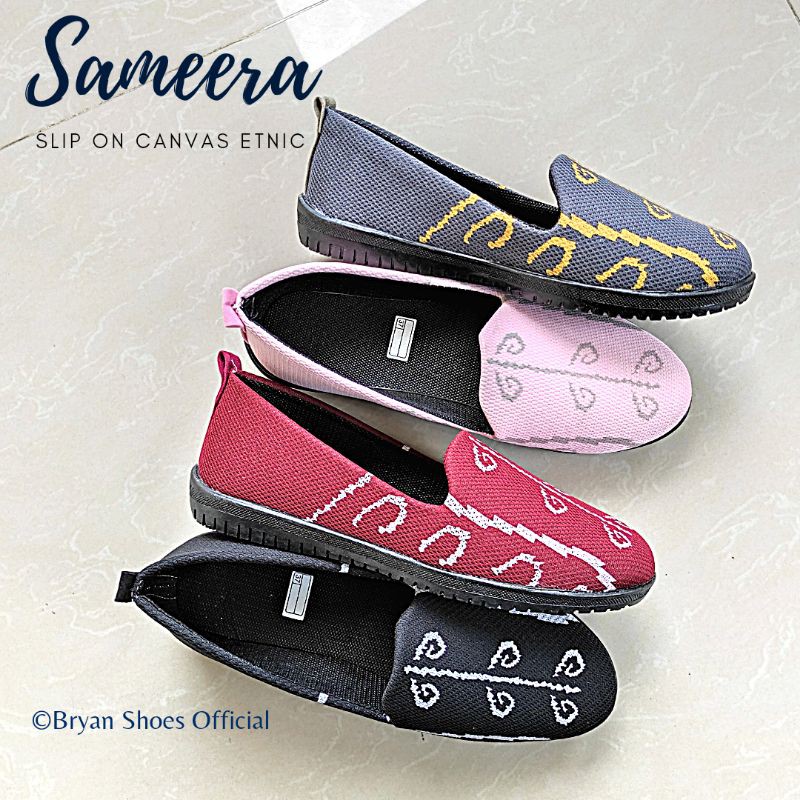 Bryan Sameera Slip on Canvas rajut Motif Etnik Sepatu wanita motif Toraja Maroon Hitam Abu Pink