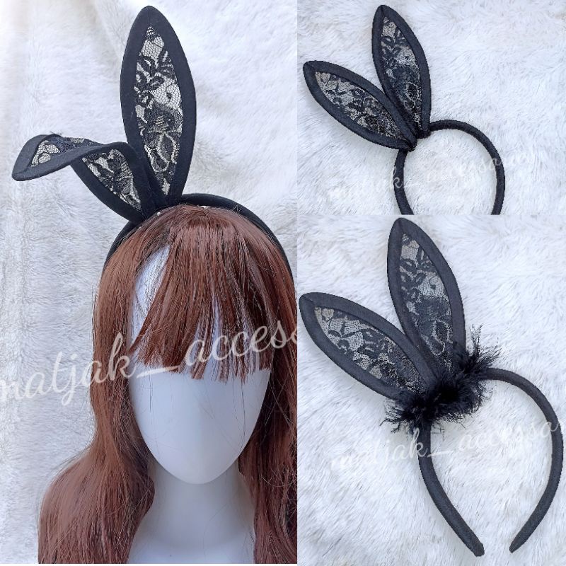 Halloween Bando Telinga Kelinci Playboy Renda Lace Hitam Bulu Kostum Cosplay Party Pesta Costumes Bando Halloween