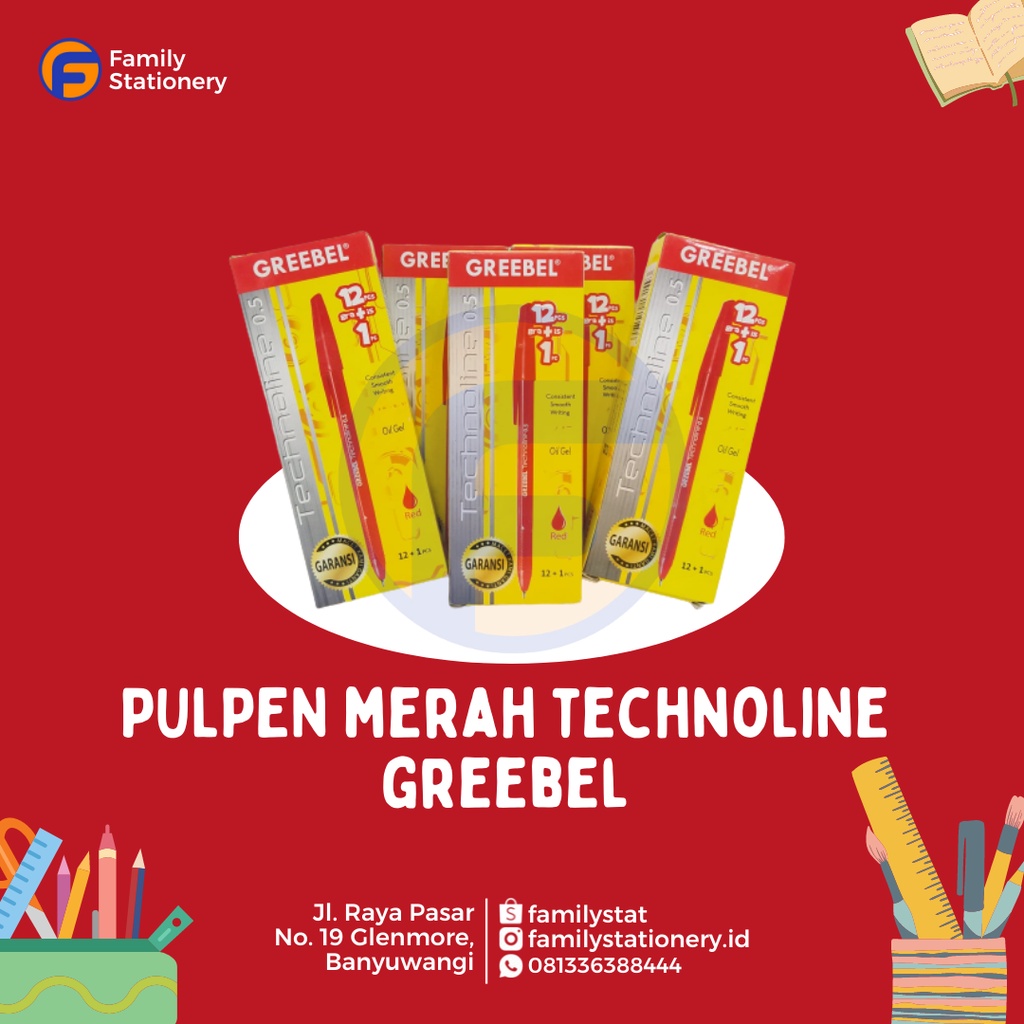 

(Pack) Greebel Ballpen Merah | Technoline 0,5mm
