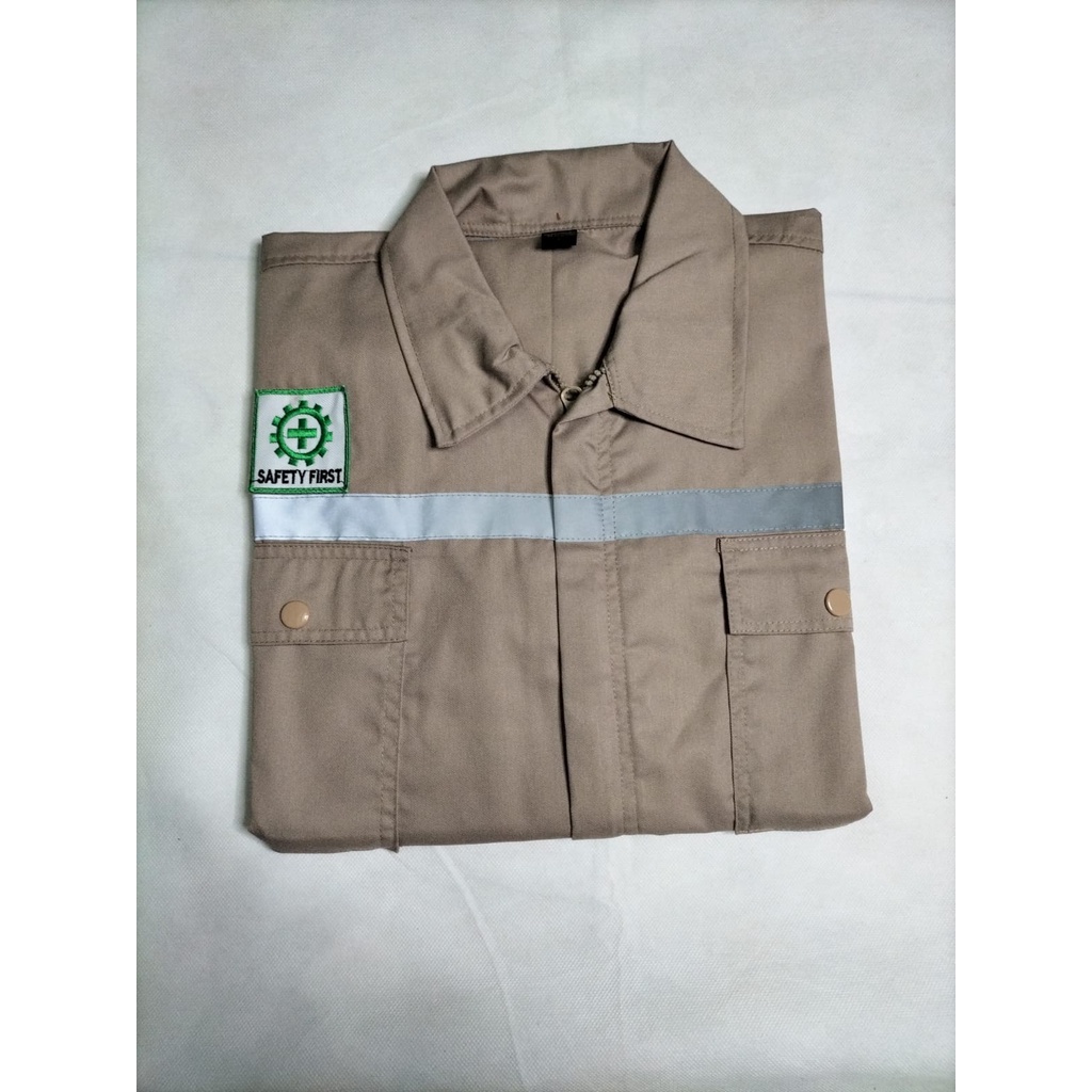 Kemeja Atasan Safety | Baju Proyek Wearpack Lengan Panjang Full Coklat Muda