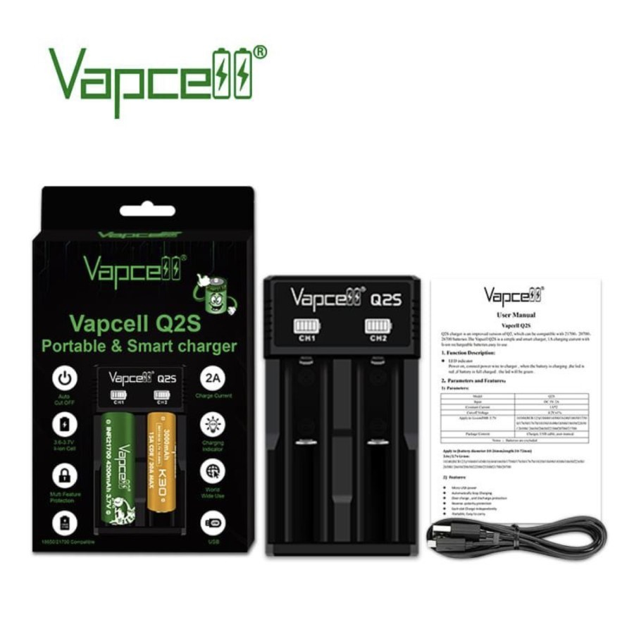 Authentic VAPCELL Q2S Battery Charger 2slot 18650 21700 dll