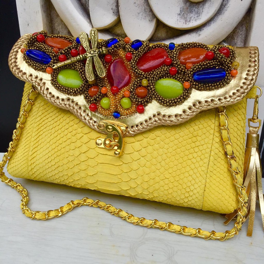 Clutch Pesta Maia Size S Yellow Color - Clutch Model Awan Asli Tas Kulit Ular Piton
