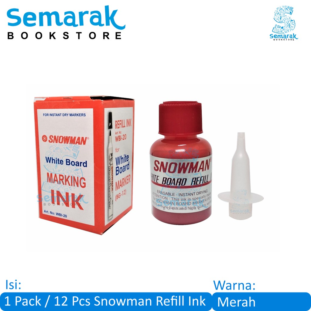 Snowman Refill Ink Isi Tinta Spidol Whiteboard Dapat Dihapus 20 ml- Merah [1 Pack / 12 Pcs]