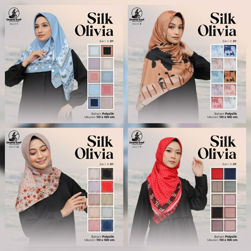 Hijab Silk Olivia motif UMAMA segi empat  jahit tepi printed