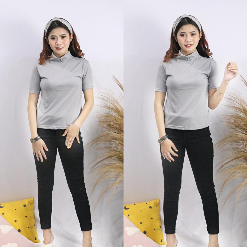 HOPYLOVY - Atasan Wanita Turtleneck Lengan Pendek BC Basic Grizelle