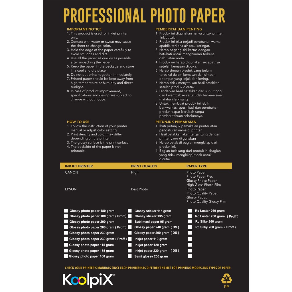 RC Luster Paper merk KOOLPIX 260 Grams Isi 20 Lembar A4