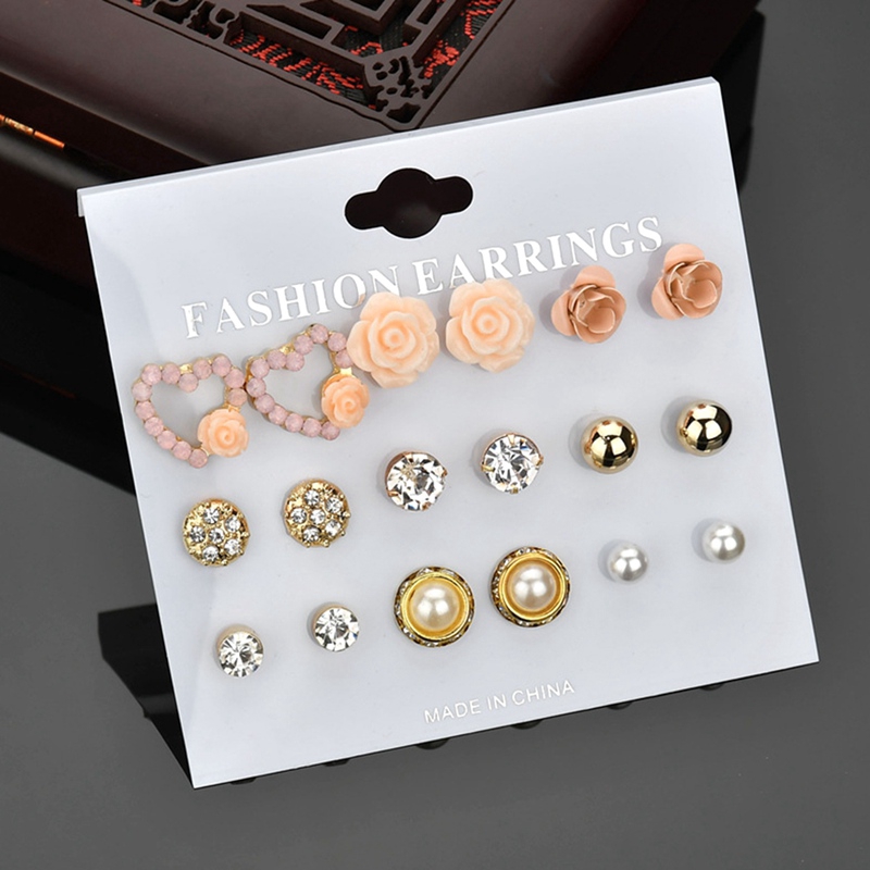 9 Pasang / Set Anting Stud Kristal Mutiara Berlian Imitasi Bentuk Bunga Gaya Korea Untuk Wanita