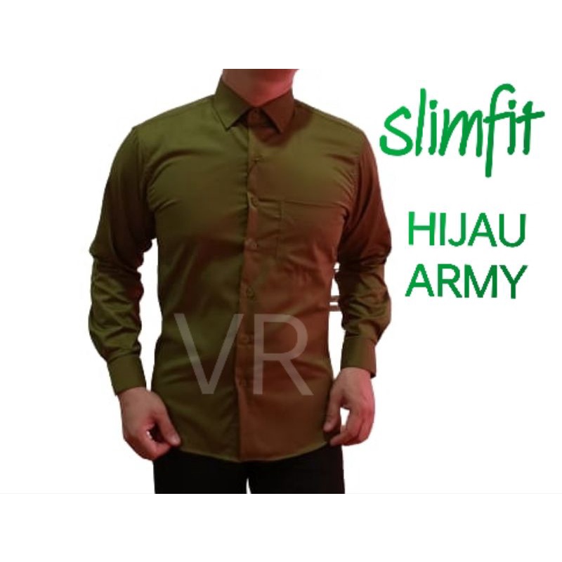 VIO ROLDAN kemeja polos slimfit hijau army kemeja pria kemeja lengan panjang kemeja kerja