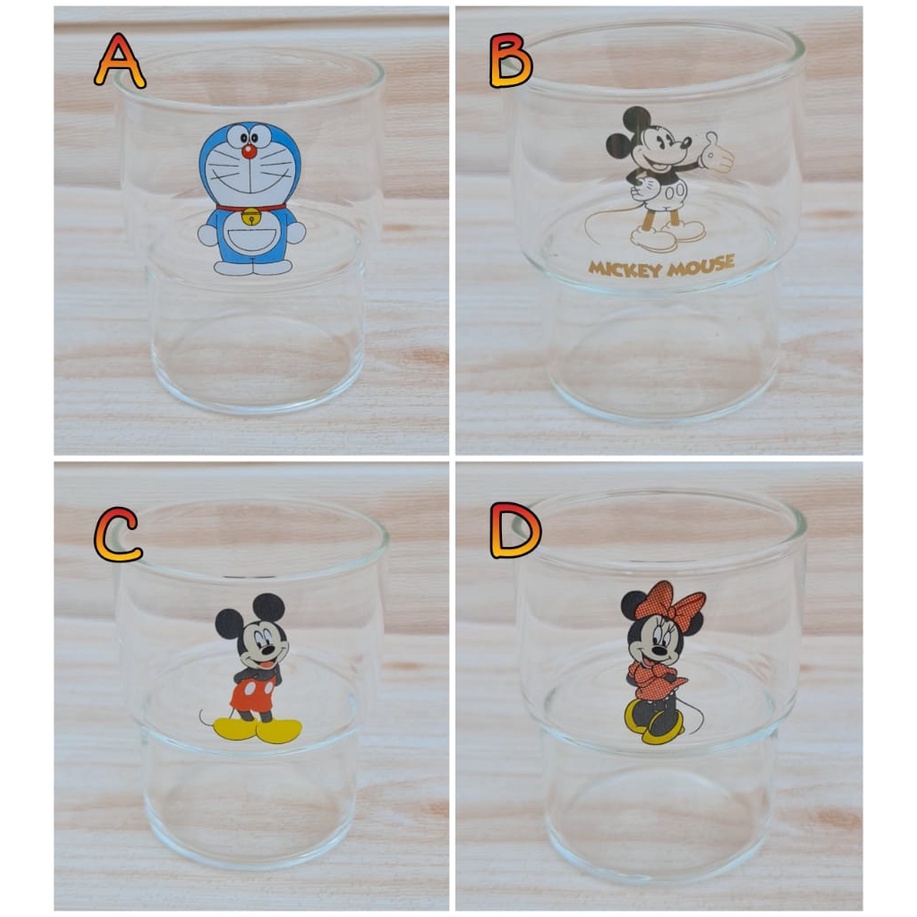 GELAS BELING LEKUK BAHAN TEBAL DORAEMON MICKEY (8X9.5)