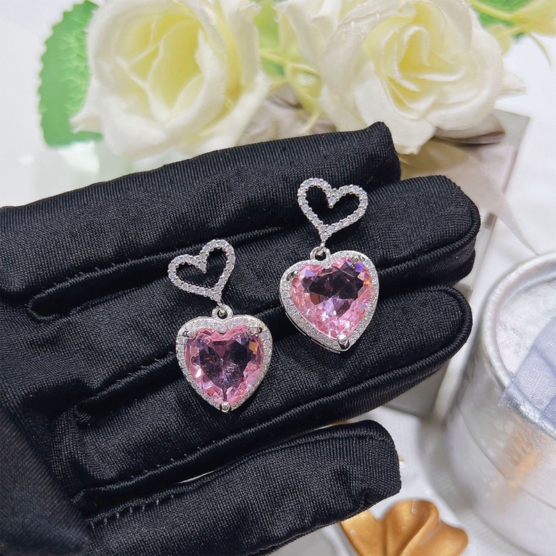 Anting Gantung Bentuk Hati Bahan Cubic Zirconia Warna Pink Untuk Wanita