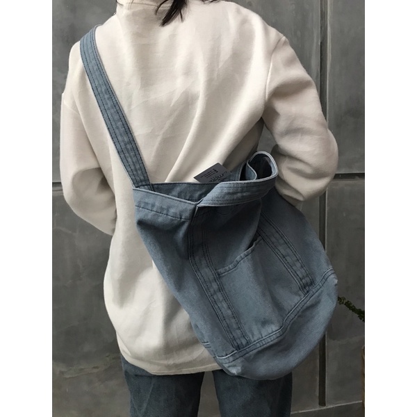 More584 Tas Selempang Sling Denim Wanita Pria Korean Jeans Totebag Plain Casual Polos Import Slingbag