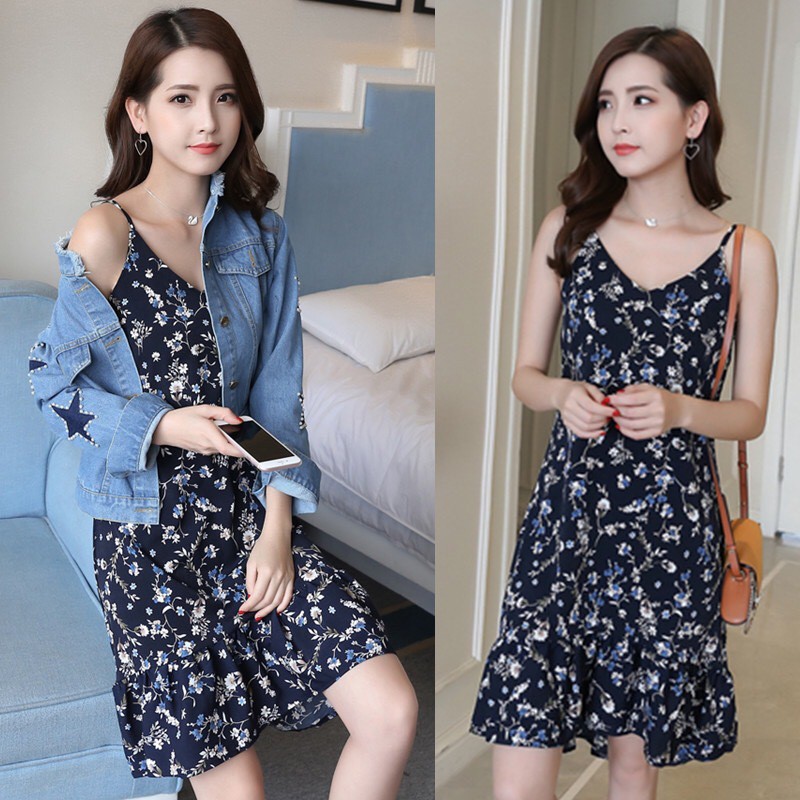 Dress Midi Tanpa Lengan Model Longgar dengan Motif Print, Gaya Korea