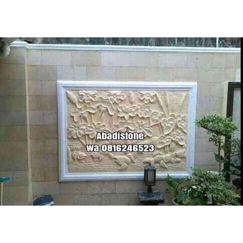 relief batu alam teratai motif bunga2 hiasan dinding kolam taman