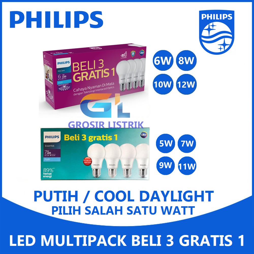 Lampu Philips LED Multipack MyCare 4W 6W 8W 10W 12W Ess 5W 7W 9W 11W Putih 4 5 6 7 8 9 10 11 12 W Paket