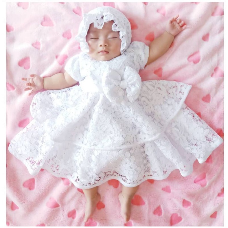 Dress aqiqah bayi gaun baptis bayi putih brokat set