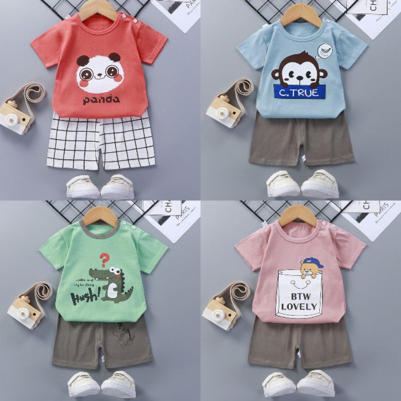 B ( BH01 ) BAJU SETELAN LENGAN PENDEK ANAK / PAKAIAN ANAK VERSI KOREA BAHAN KATUN FREE POUCH