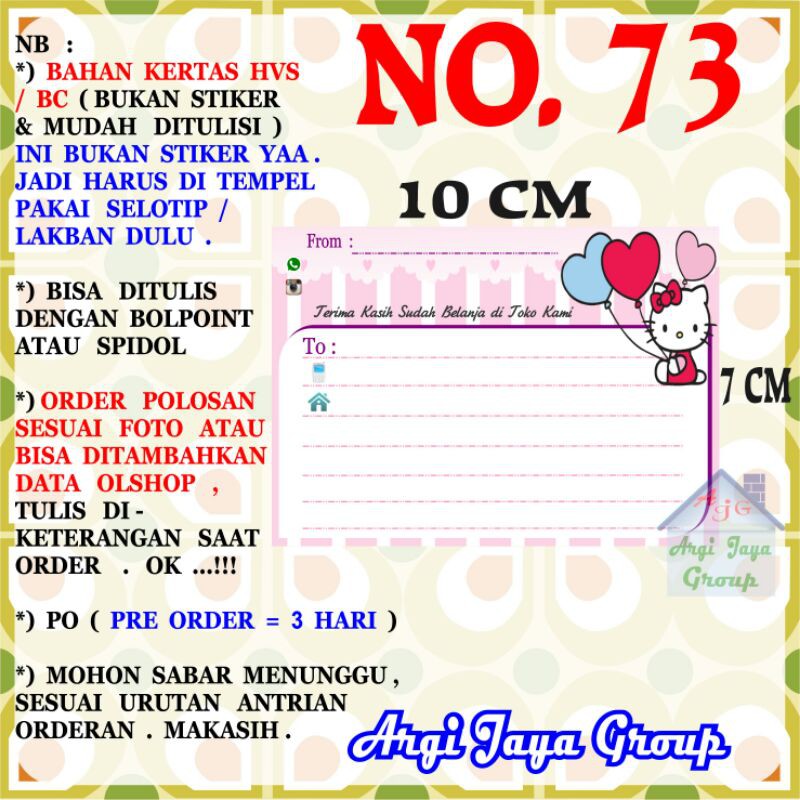 

Label Pengiriman Alamat Olshop Murah Nomer 73 - 10x7cm - Kertas BC (Manila)