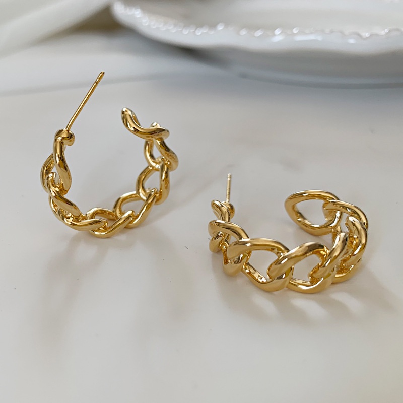 Anting Stud Sterling Gold dan Silver / Desain Rantai Berongga (Takota 016)