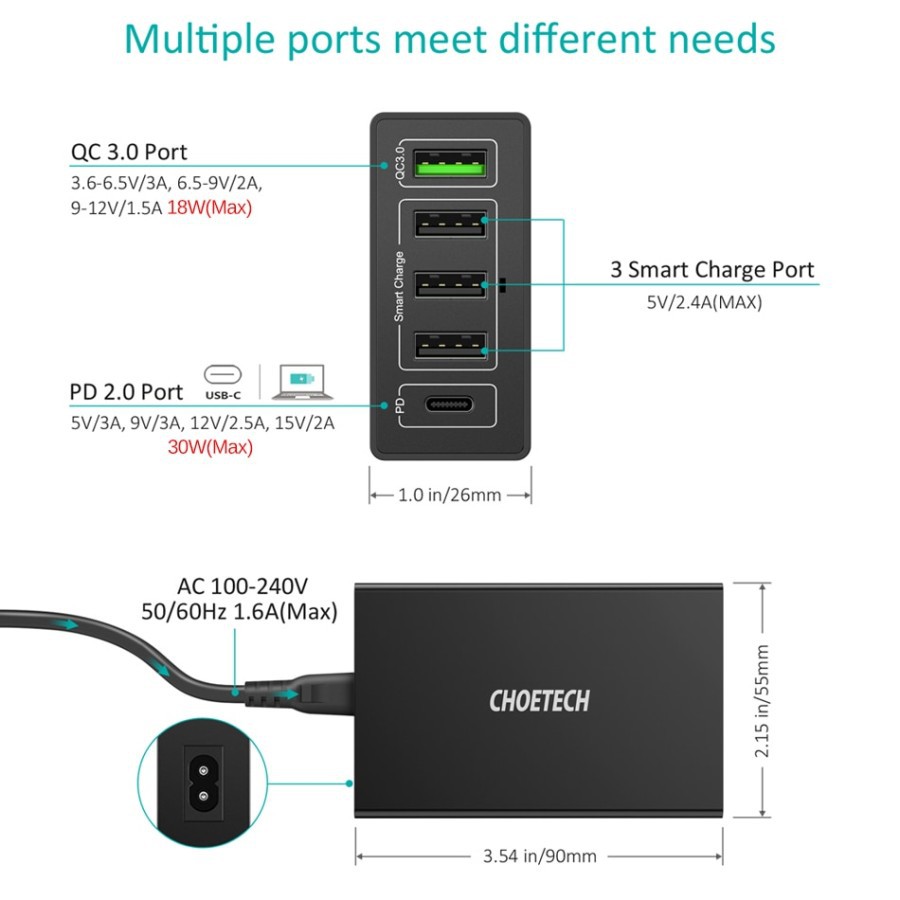wall charger choetech 5 port Usb-A &amp; Pd type-c Quick charge 3.0 60w 3A Q3 4U2Q - Travel charger