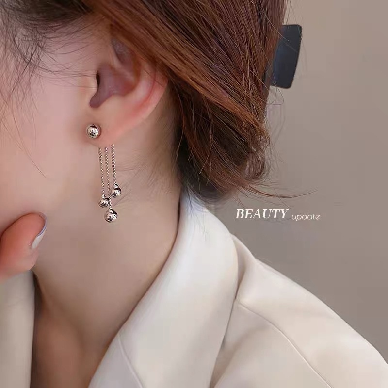 Anting Stud Rumbai Manik-Manik Bola Warna Silver Untuk Wanita