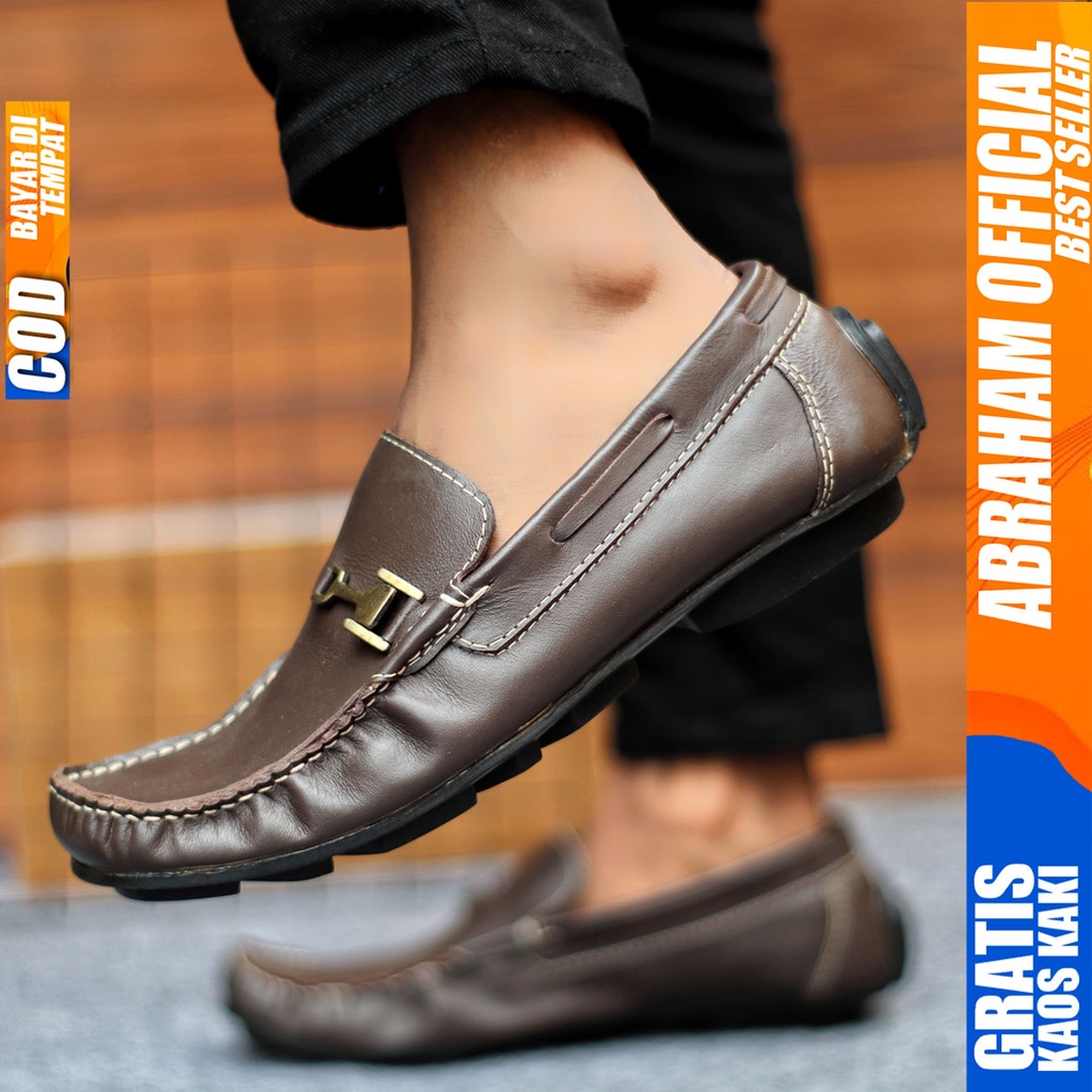 Sepatu Casual Pria Formal Slip On Pantofel Kulit Asli Kerja Kantor Kondangan Kuliah Hitam Fashion Shoes Terbaru Murah Kekinian Original MULIN ABRAHAM