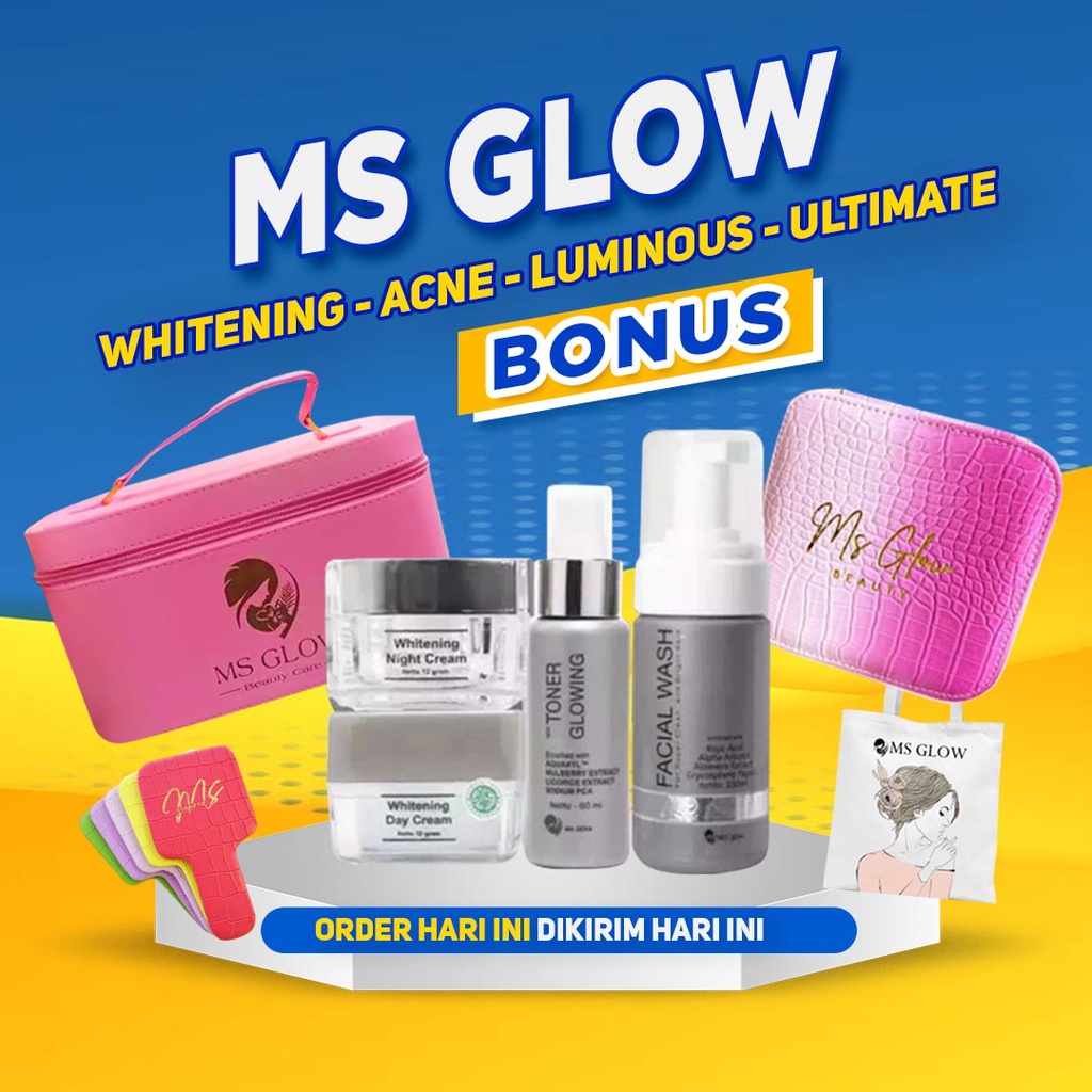 MS Glow Paket Wajah Whitening | Acne | Ultimate | Luminous Dengan Day Cream/ Daily BB Cream/Pakai Krim Siang Free Pouch Original 100% Asli Terbaru Termurah/Loose Powder Natural/Ivory/Oily/Bedak Tabur