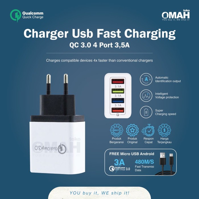 Charger USB Fast Charging QC 3.0 4 Port 3.5A Kabel Micro USB Android Smartphone