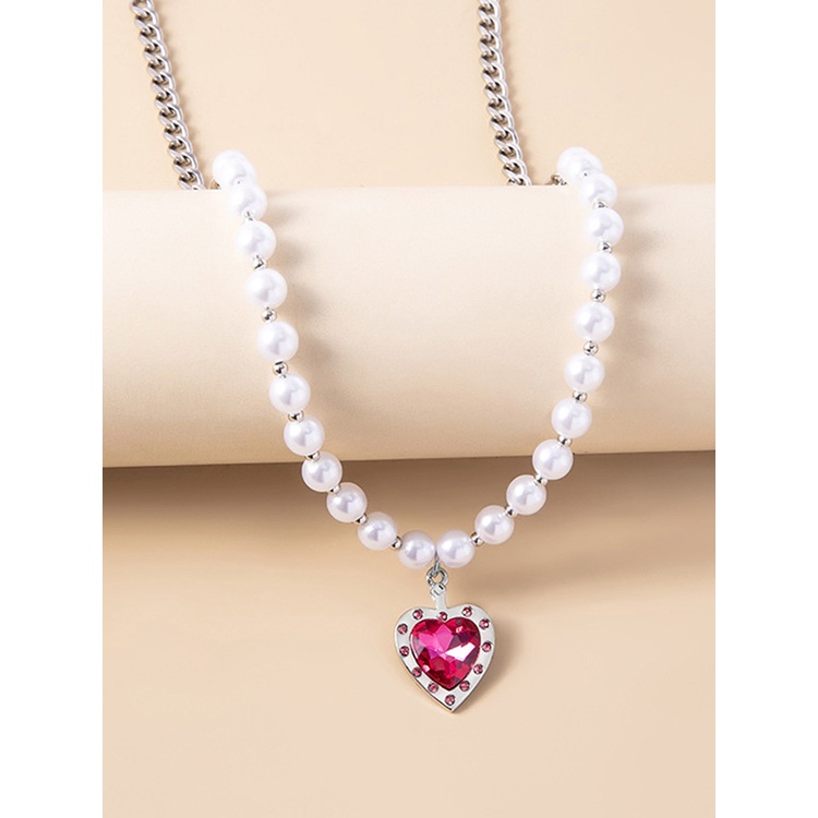 Kalung Choker Liontin Hati Kristal Mutiara Putih Untuk Wanita