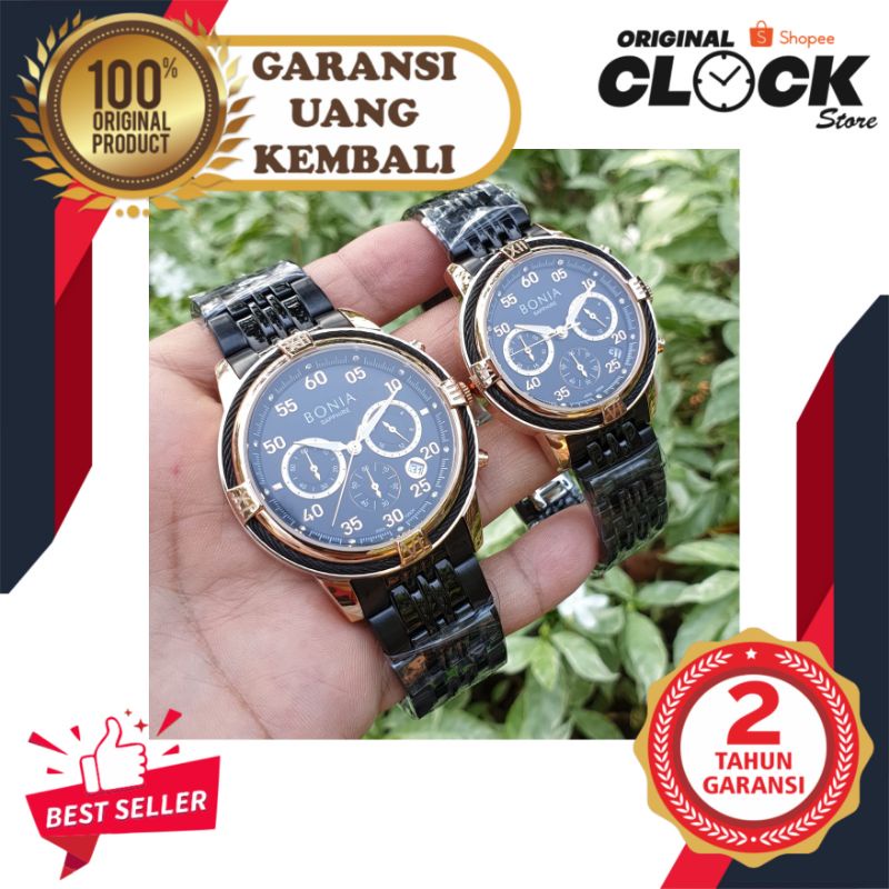 JAM TANGAN PRIA WANITA | RANTAI | KULIT | KARET | MURAH | - BONIA 10534 COUPLE ALL STEEL COMBI BLACK