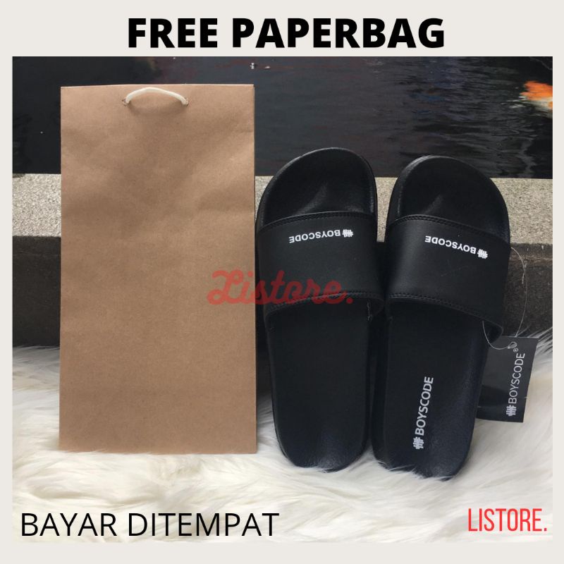 Sandal Slop Pria Hitam Polos Tulisan BOYSCODE || Sandal slinde Pria || Sandal Santai Hitam Polos