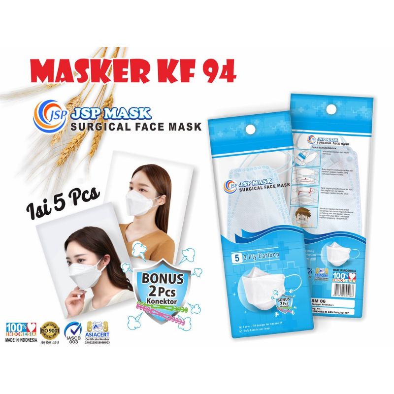 JSP masker KF94 3 ply Surgical mask 1 pack isi 5 pcs free konector