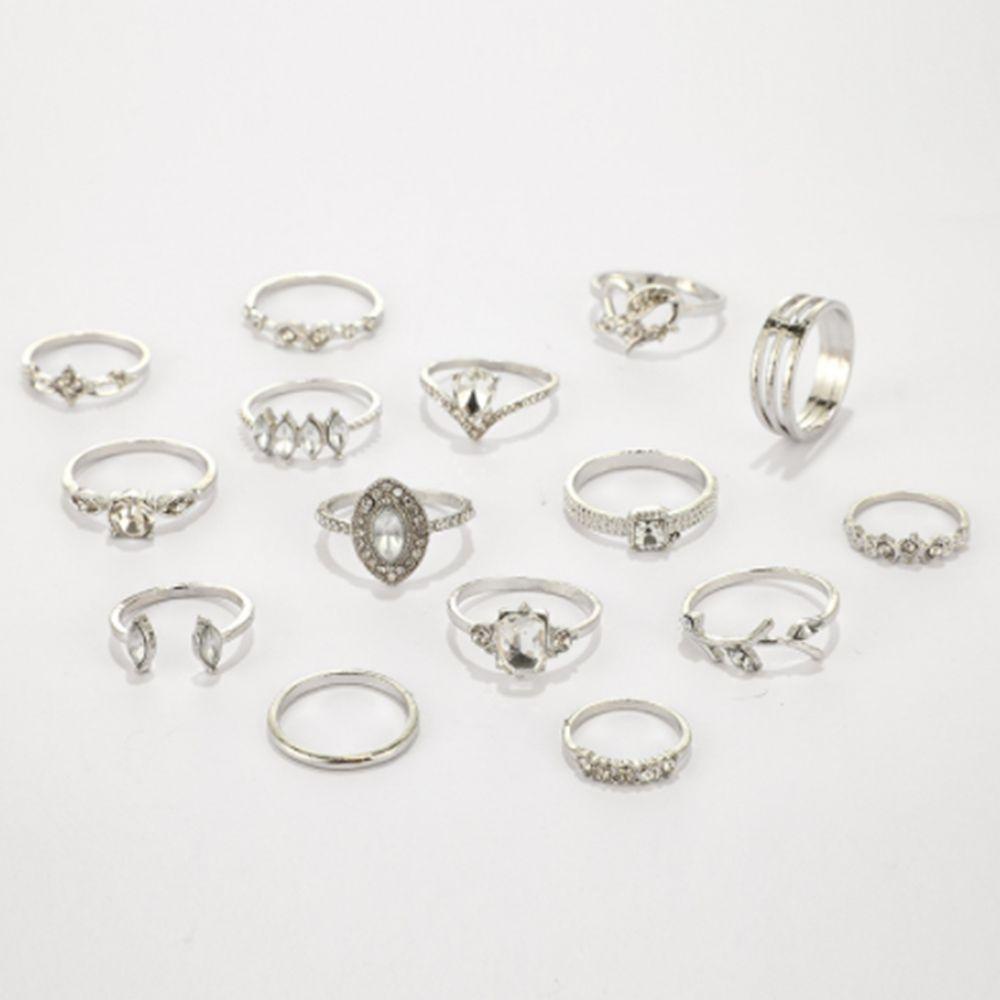 Lily 15PCS Cincin Set Wanita Warna Silver Statement Elegan Hati Berongga