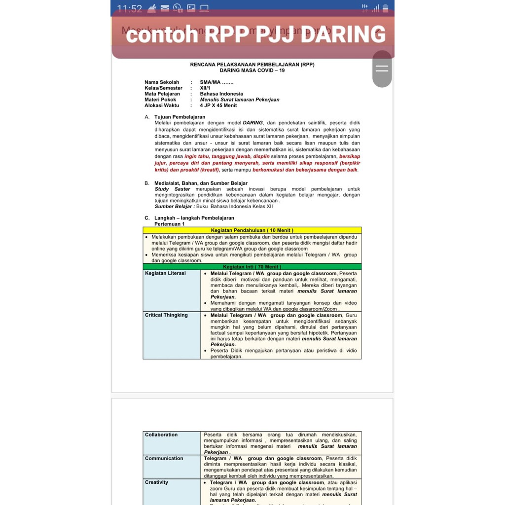 RPP 1 lembar daring dan Luring/tatap muka, SMA Sosiologi Kelas 12, 2Semester