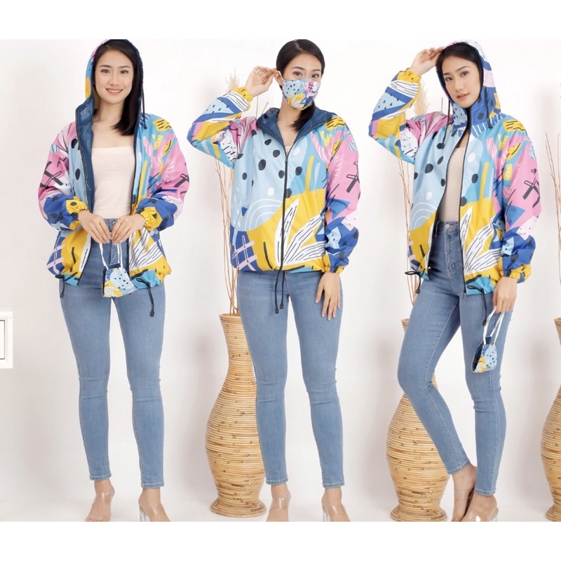 JAKET PARASUT PRINTING WANITA ANTI AIR WATERPROOF free masker OLAHRAGA SEPEDA