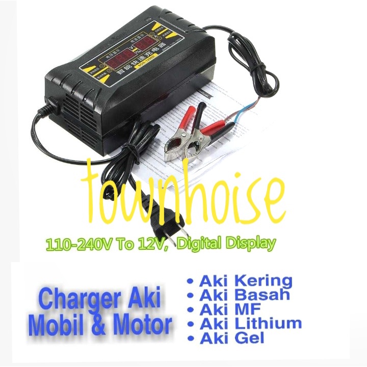 Charger Aki MOBIL dan MOTOR Otomatis Pengisi Daya Baterai Motor Mobil Cerdas 12V 6A untuk Pengisian Daya Cerdas Gel AGM Asam Timbal Motor Otomatis 6A 12V Tampilan LCD Digital