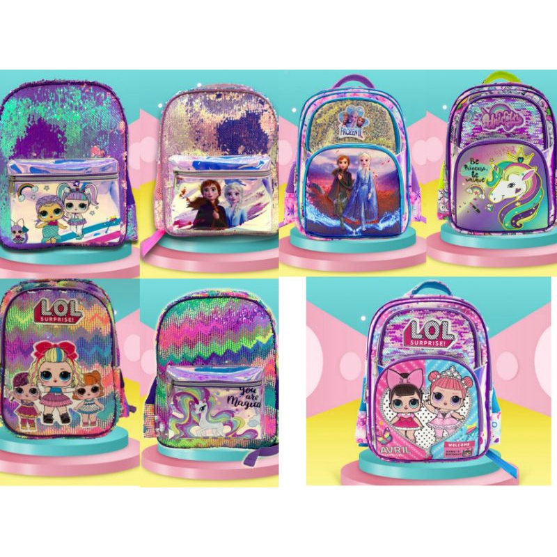 ransel usap sequin jumbo motif lol/unicorn/frozen size 42 cm