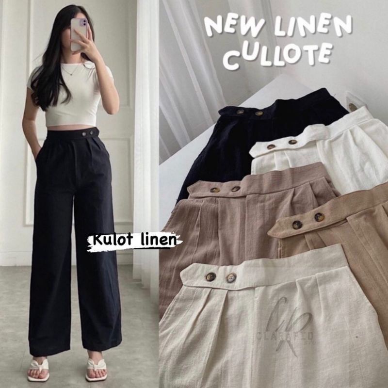 Celana Panjang Kulot Linen Wanita Double Kancing Depan Aktif Highways Model Terbaru Bawahan
