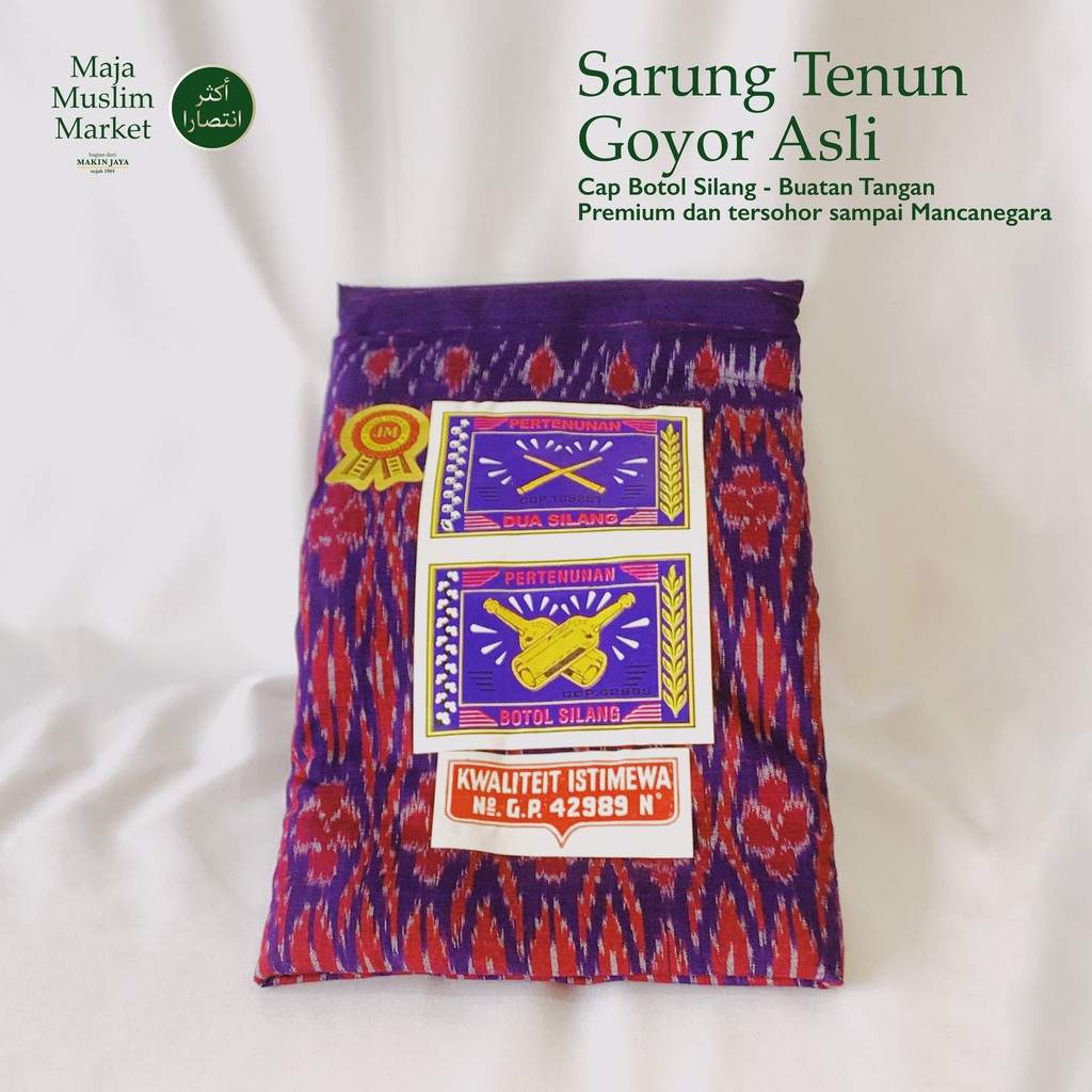SARUNG TENUN GOYOR LEGENDARIS DIJAMIN ASLI - BOTOL SILANG BIRU - BUATAN TANGAN, MESIN KAYU