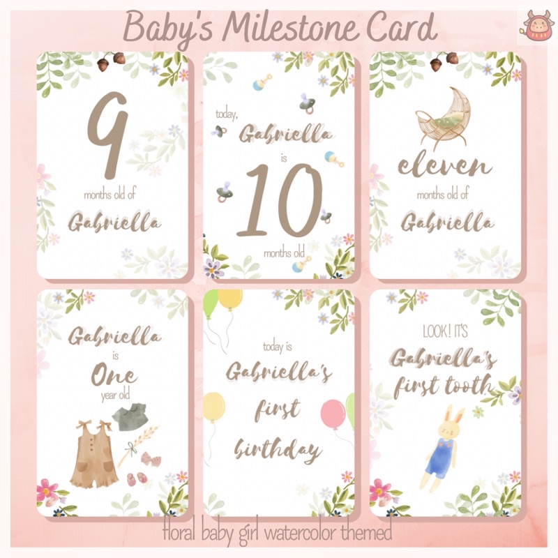 Baby milestone card baby girl premium watercolor floral theme free custom name