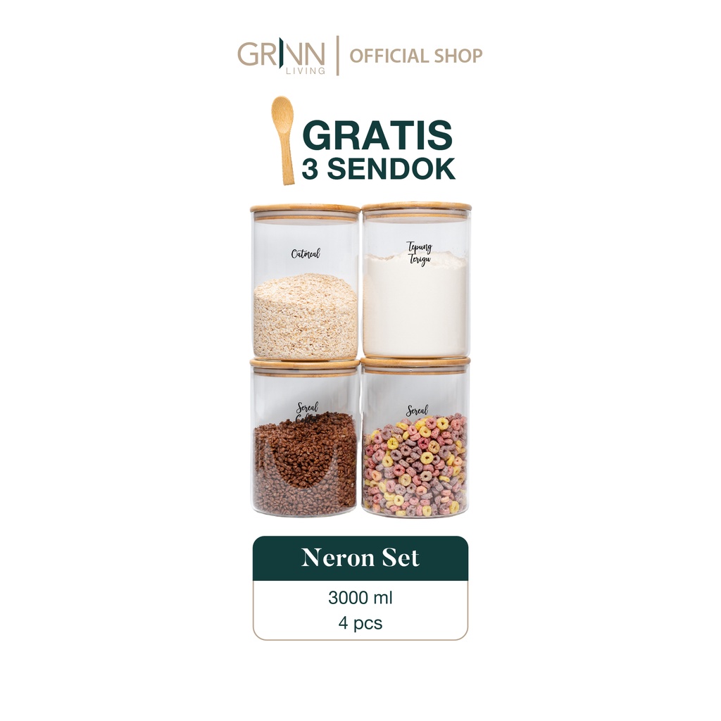 GRINN LIVING  SET PAKET Neron glass Bamboo jar 3000 ml toples tutup bambu kayu / tempat beras