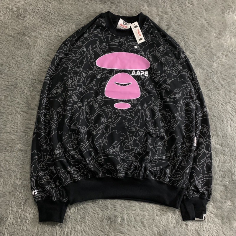 SWEATER CREWNECK AAPE BATHING APE FULLPRINT PINK FONT FULLTAG &amp; LEBEL