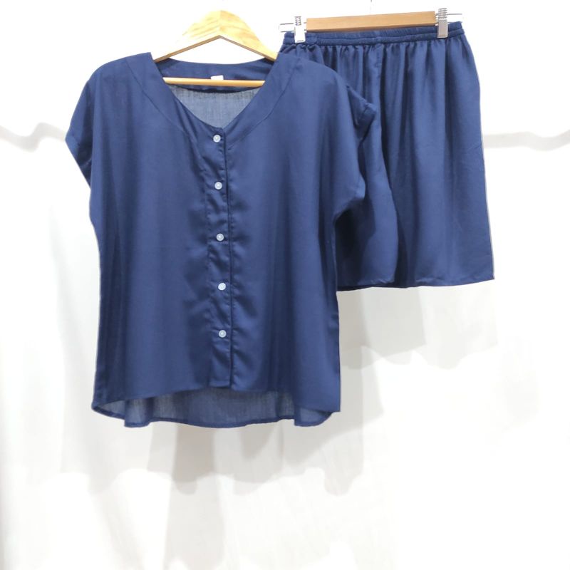 PIYAMA KANCING PENDEK | PIYAMA RAYON | BAJU TIDUR RAYON-VN NAVY