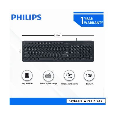 Keyboard philips wired usb 2.0 membrane 105 keys fullsize multimedia for office gaming pc laptop k-344 k334