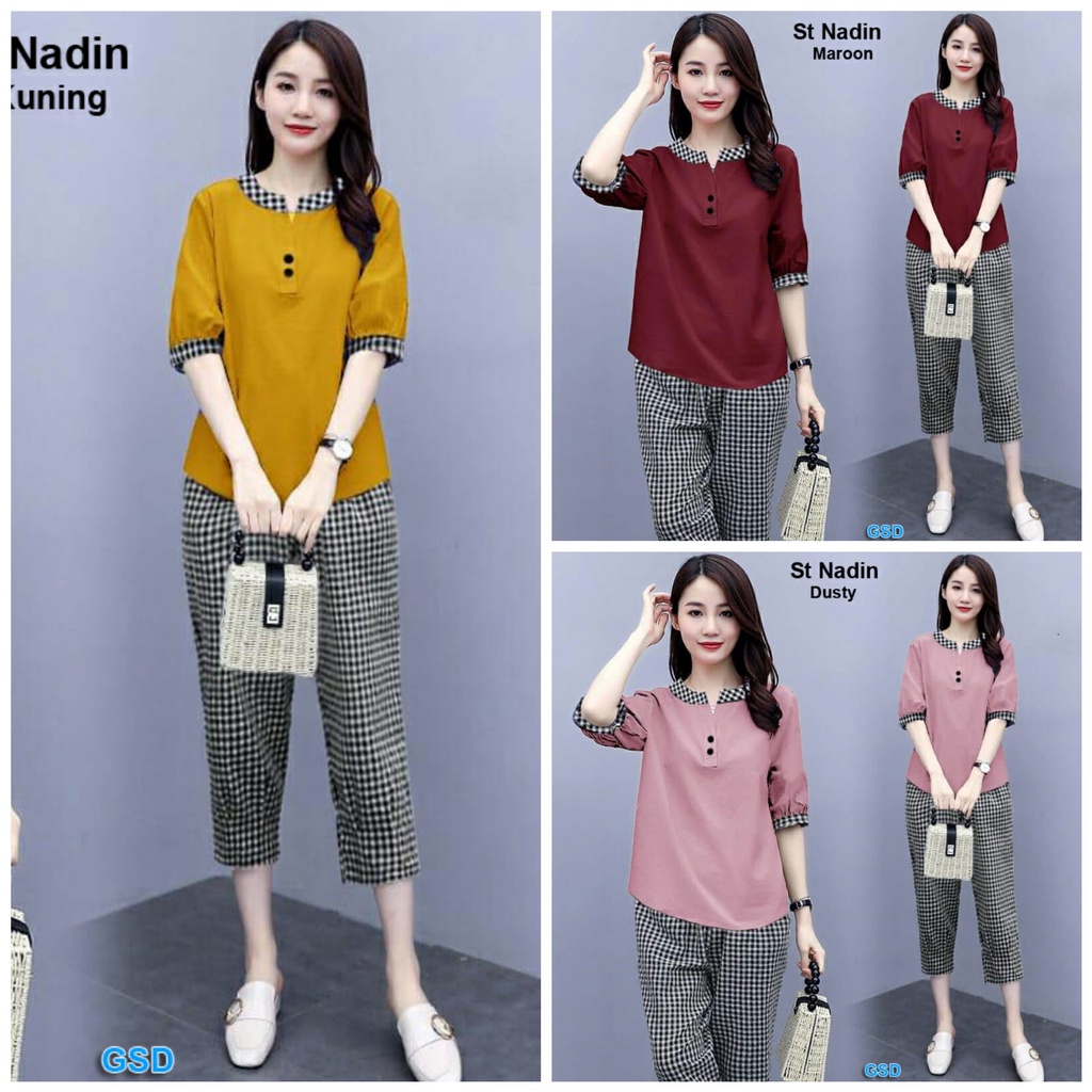 Set Nadin/set wanita/set celana wanita/setelan celana panjang/setelan celana kotak/setelan blus cewe