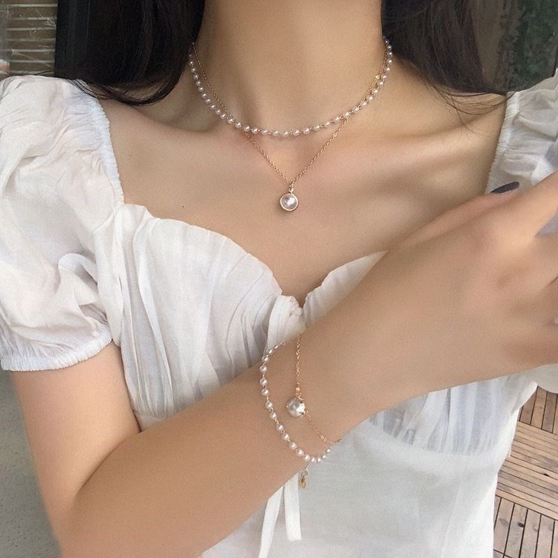 Gaya Korea Fashion Multilayer Alloy Mala Kalung Manik-manik dengan Mutiara Buatan untuk Wanita